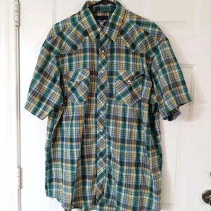 Vtg Wrangler Men's XL Western Green, Yellow Plaid Shirt Pearl Snaps Short Sleeve